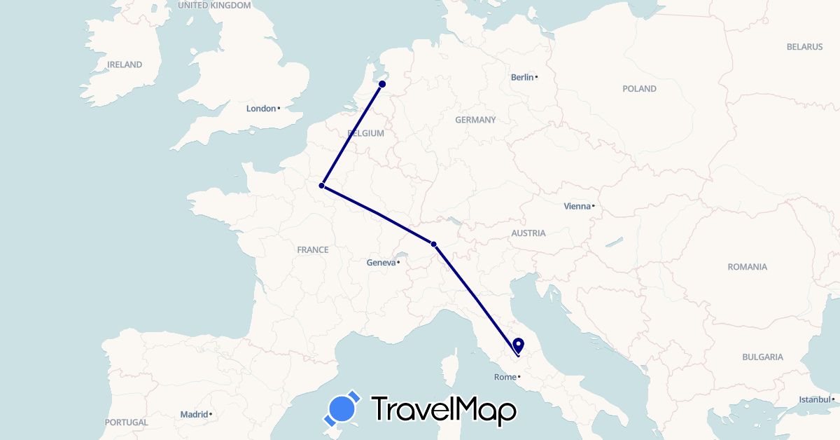 TravelMap itinerary: driving in Switzerland, France, Italy, Netherlands (Europe)